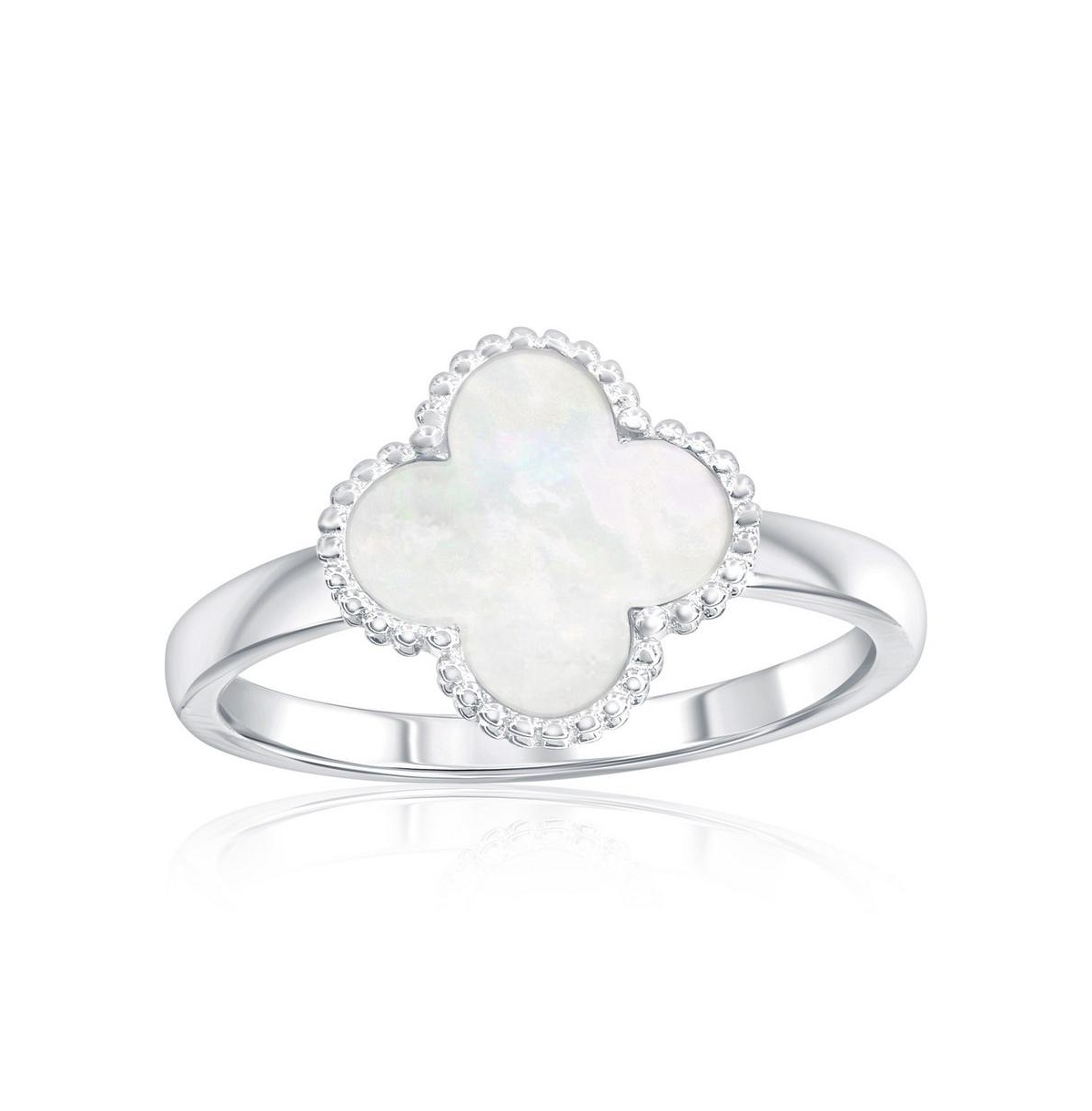 Simona Sterling Silver, Mother of Pearl Clover, Beaded Outline Ring - Silver