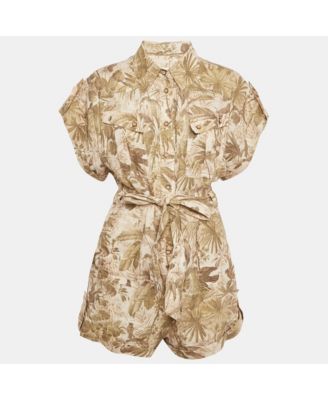 Women's Green Tropical Print Linen Playsuit