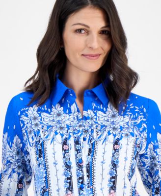 Women's Placed-Floral Button-Down Blouse