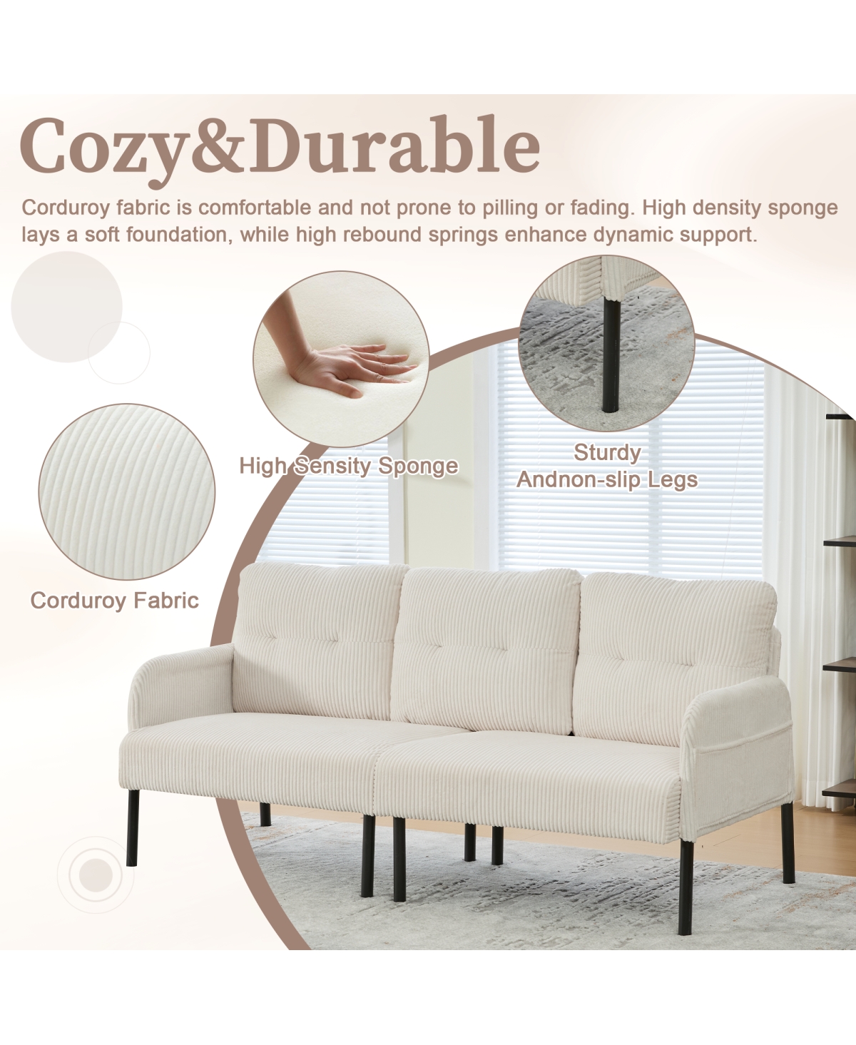 Streamdale Oversized Corduroy Loveseat Sofa with Metal Legs & Side Pockets