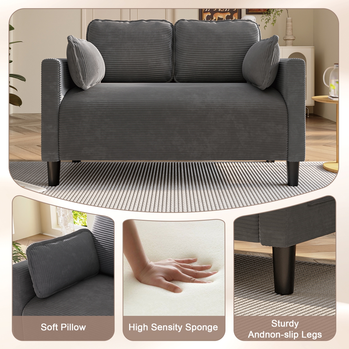 Streamdale 48'' Corduroy Loveseat Couch with Cushions and Side Storage