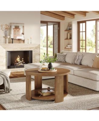 2-Tier Round Coffee Table for Living Room, 31.5-Inch Mid-Century Modern Circle Accent Center Table with Thick Tabletop, Low Cocktail Tea