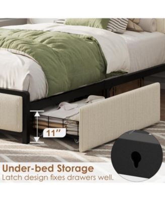 Twin Size Upholstered Platform Bed Frame with Storage Headboard and Charging Station, Corduroy Fabric Bed with 2 Rolling Drawers