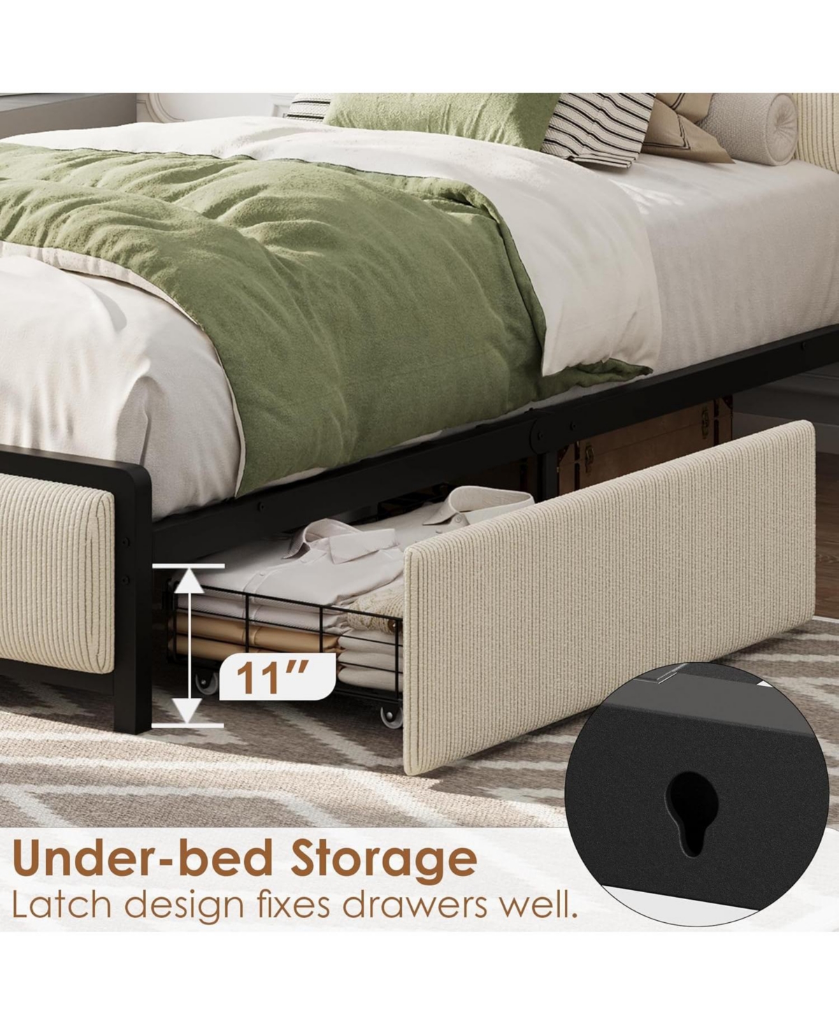 gaomon Twin Size Upholstered Platform Bed Frame with Storage Headboard and Charging Station, Corduroy Fabric Bed with 2 Rolling Drawers
