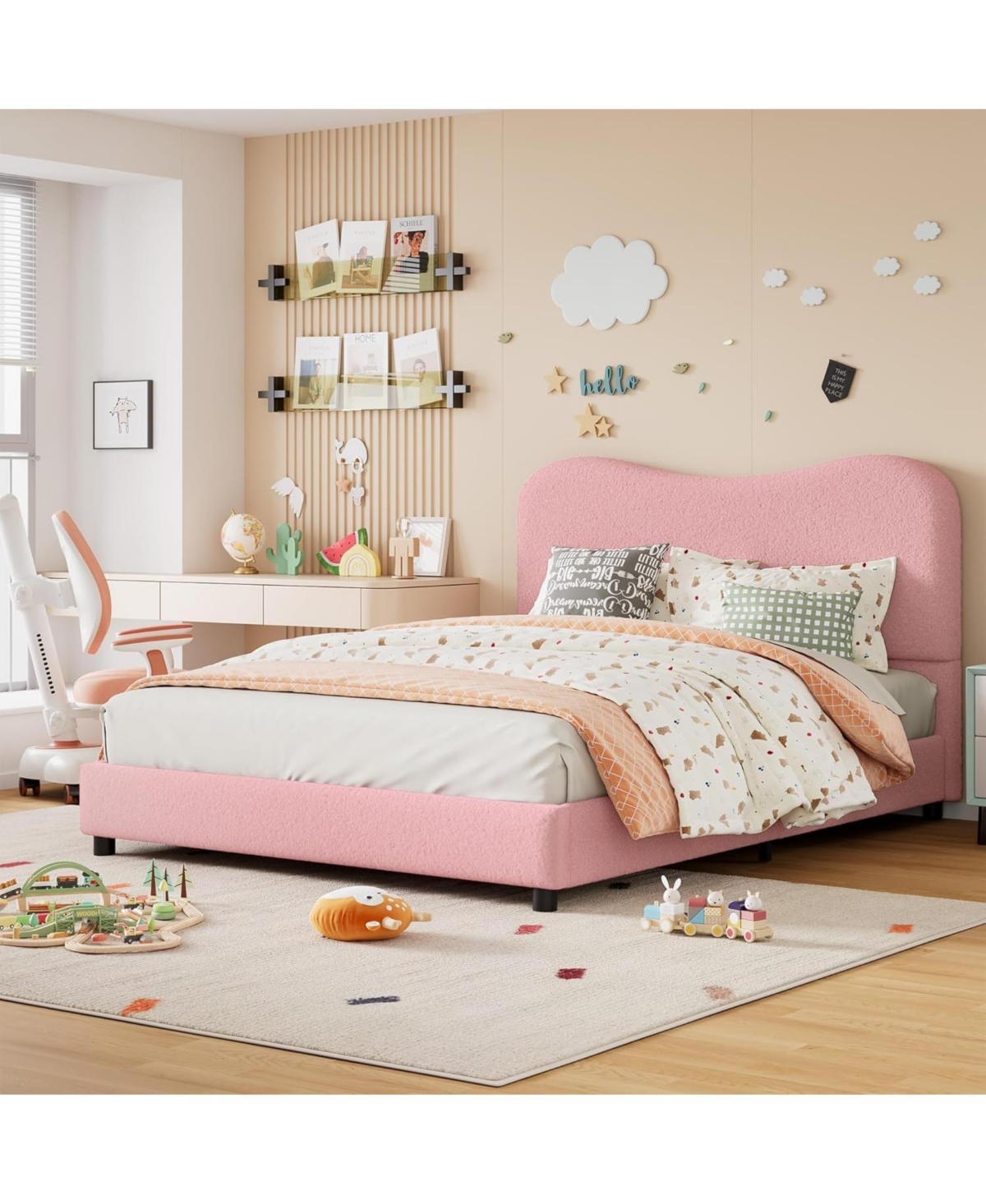 gaomon Velvet Upholstered Bed Frame,Bed with Boucle Headboard,Low Profile Design,No Box Spring Required,Wood Slat Support,Easy Assembly