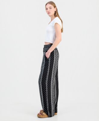 Juniors' Printed Smocked-Waist Wide-Leg Pants