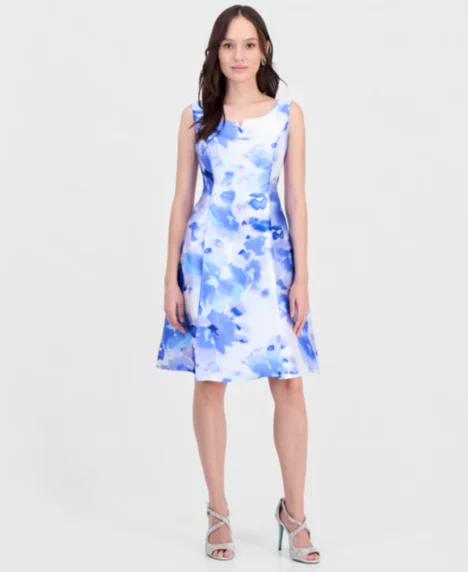 Petite Printed Sleeveless A-Line Dress - Blue