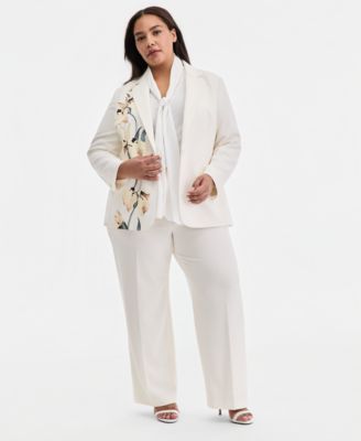 Plus Size Floral-Print One-Button Blazer & Pull-On Flap-Pocket Pants
