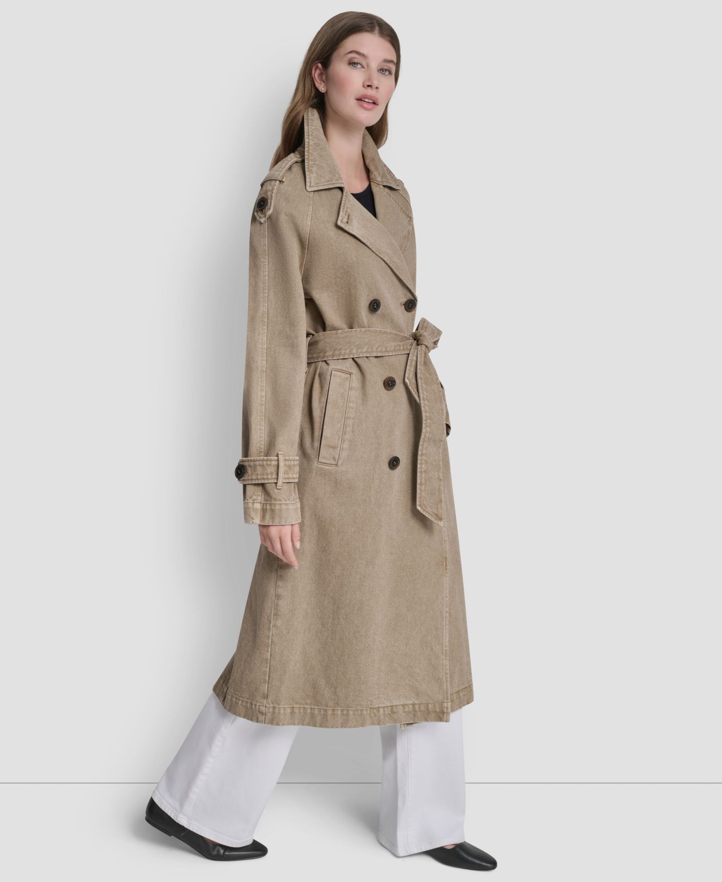 Женское пальто DKNY Double Breasted Denim Belted Trench, цвет: Хаки — фото 4