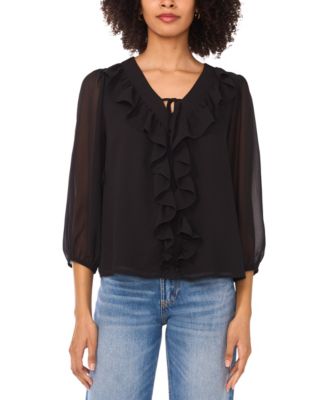 Women's Double Ruffle Tie V-Neck Blouse