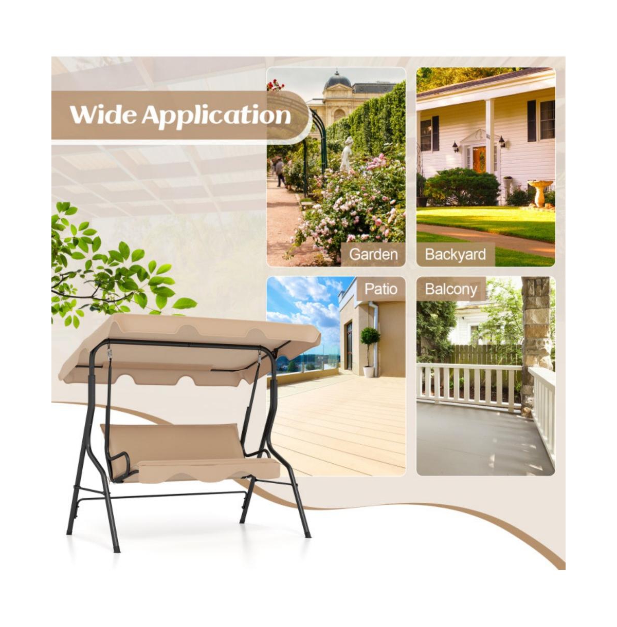 3 Seat Outdoor Patio Canopy Porch Swing with Cushioned Steel Frame