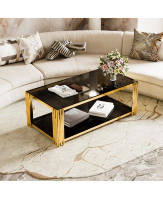 Modern Black Mirror Coffee Table with Gold Finish & Shelf, 47.5