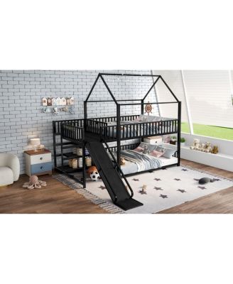 Full Metal House Bunk Bed with Storage Stairs, Slide, Safety Rails