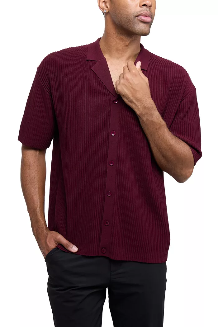 Men's Short Sleeve Vertical Ottoman Camp Collar Button Down Sweater Polo - thumbnail 4