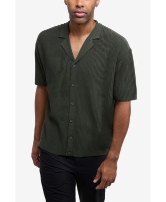X RAY Men's Short Sleeve Vertical Ottoman Camp Collar Button Down Sweater Polo