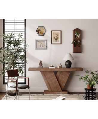 Modern X-Leg Console Table with Solid Wood Veneer, Walnut