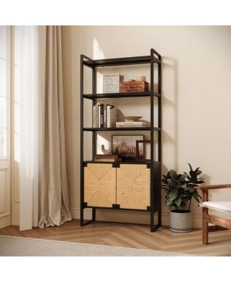 Rattan Cabinet Door Storage Bookshelf with Dual-Function Display/Storage