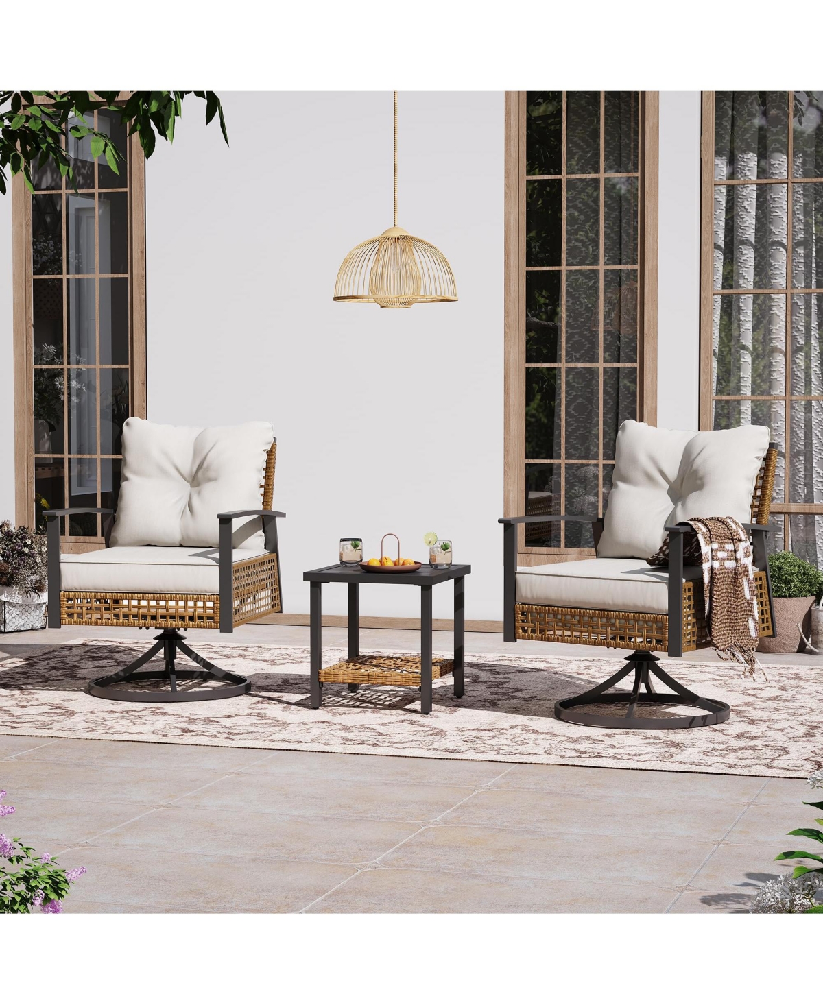 Decksplore 3 piece set of rotating rocking chair with flowers and rattan beige Bohemian Patio