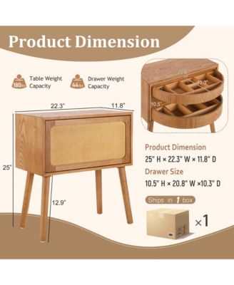 Rotating Hidden Compartment Nightstands, Mid Century Rattan Bedside Table with Flip Drawer and Wood Legs for Living Room, Bedroom