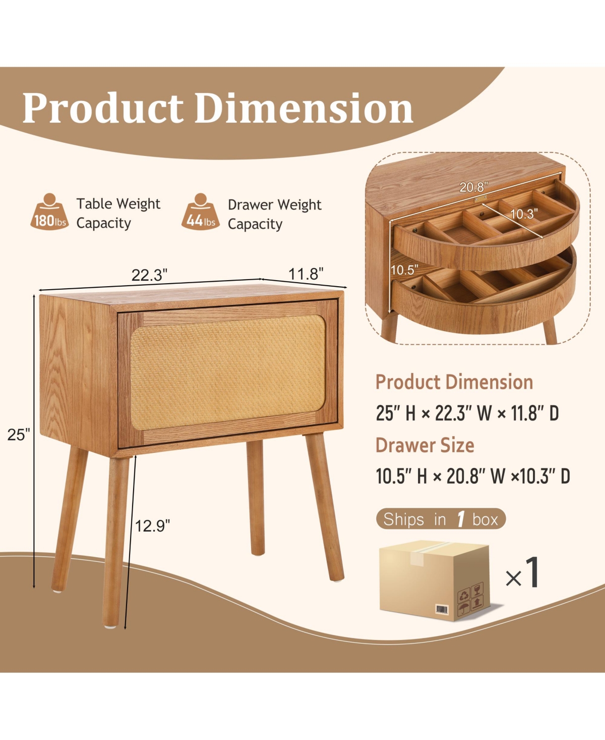 Rainsken Rotating Hidden Compartment Nightstands, Mid Century Rattan Bedside Table with Flip Drawer and Wood Legs for Living Room