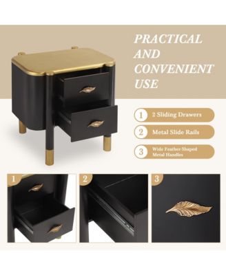 2 Drawers Nightstand with Curved Profile Design, Bedside Table with Metal Feather-Shaped Handles, End Table for Living Room and Bedroom