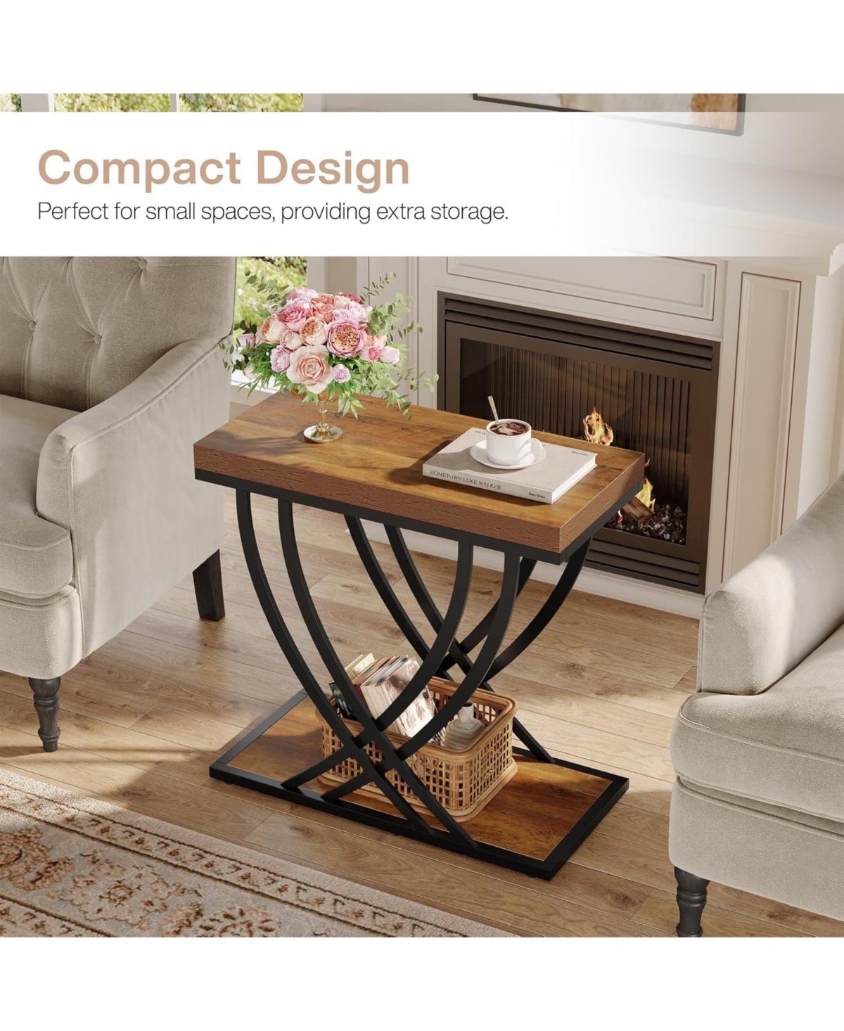 Tribesigns Side Table, 2-Tier Narrow End Table for Living Room, Industrial Nightstand with Metal Frame, Small Bedside Tables