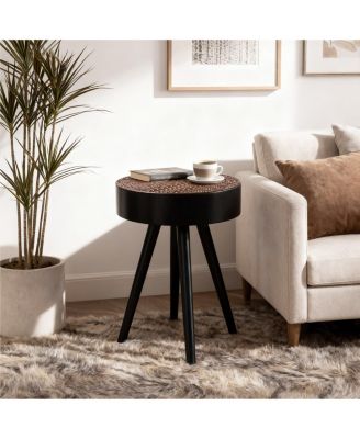 15.7 in. Round Coffee Table with Carved Top – Small Drink Table, Modern Accent Nightstand for Living Room, Bedroom, Office – Easy Assembly