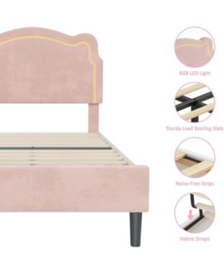 Twin Bed Frame with Smart LED Lights and Bear-Shapped Upholstered Headboard,Velvet Princess Platform Bed