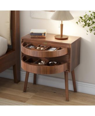 Rotating Hidden Compartment Nightstands, Mid Century Rattan Bedside Table with Flip Drawer and Wood Legs for Living Room, Bedroom