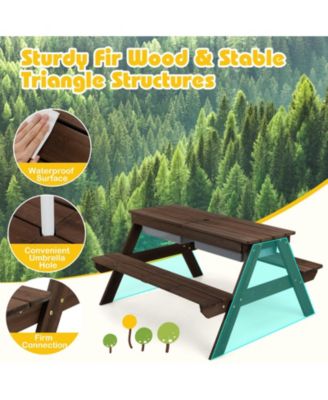 3-in-1 Kids Picnic Table Wooden Outdoor Sand & Water Table with Umbrella Play Boxes