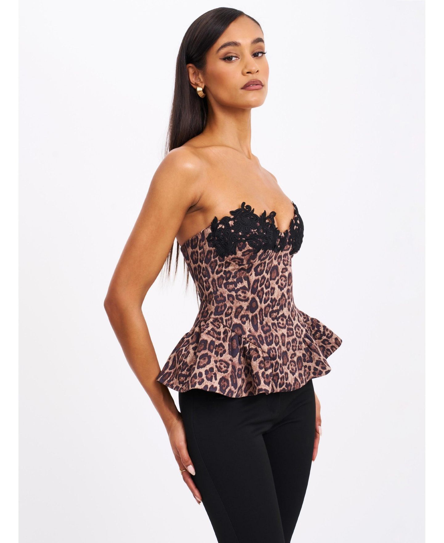 Женский топ Miss Circle Qiara Cheetah Print Peplum with Lace Trim, цвет: Коричневый — фото 8