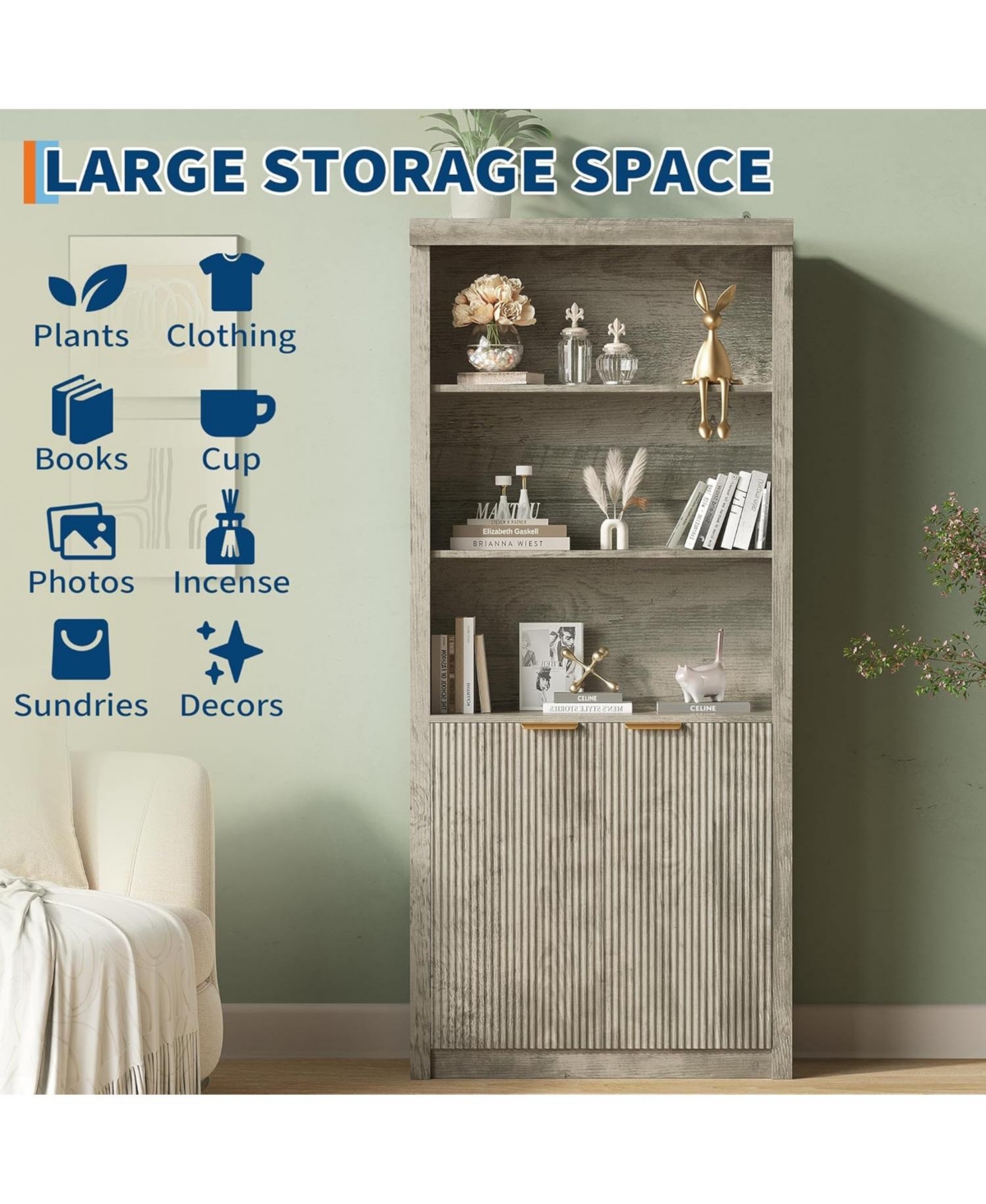 gaomon Tall 5-Shelf Wooden Bookcase with Doors, 31.5" Wide Farmhouse Book Shelf, Adjustable Top Shelf