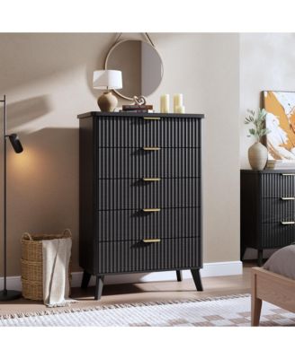 Fluted Dresser for Bedroom, 5 Deep Drawer Modern Wood Storage Chest, Black