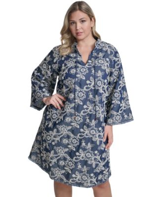 Plus Size Embroidered Denim Shift Dress