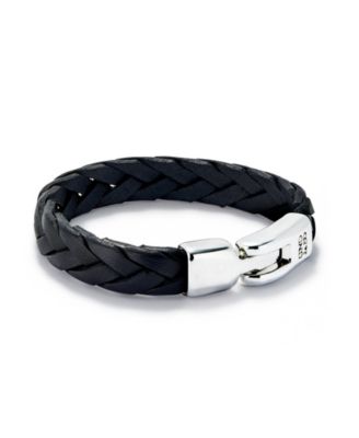 Black Braided Leather Bracelet with Sterling Silver Plated Metal Alloy Clasp