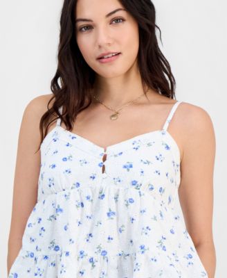 Juniors' Printed Eyelet Babydoll Top