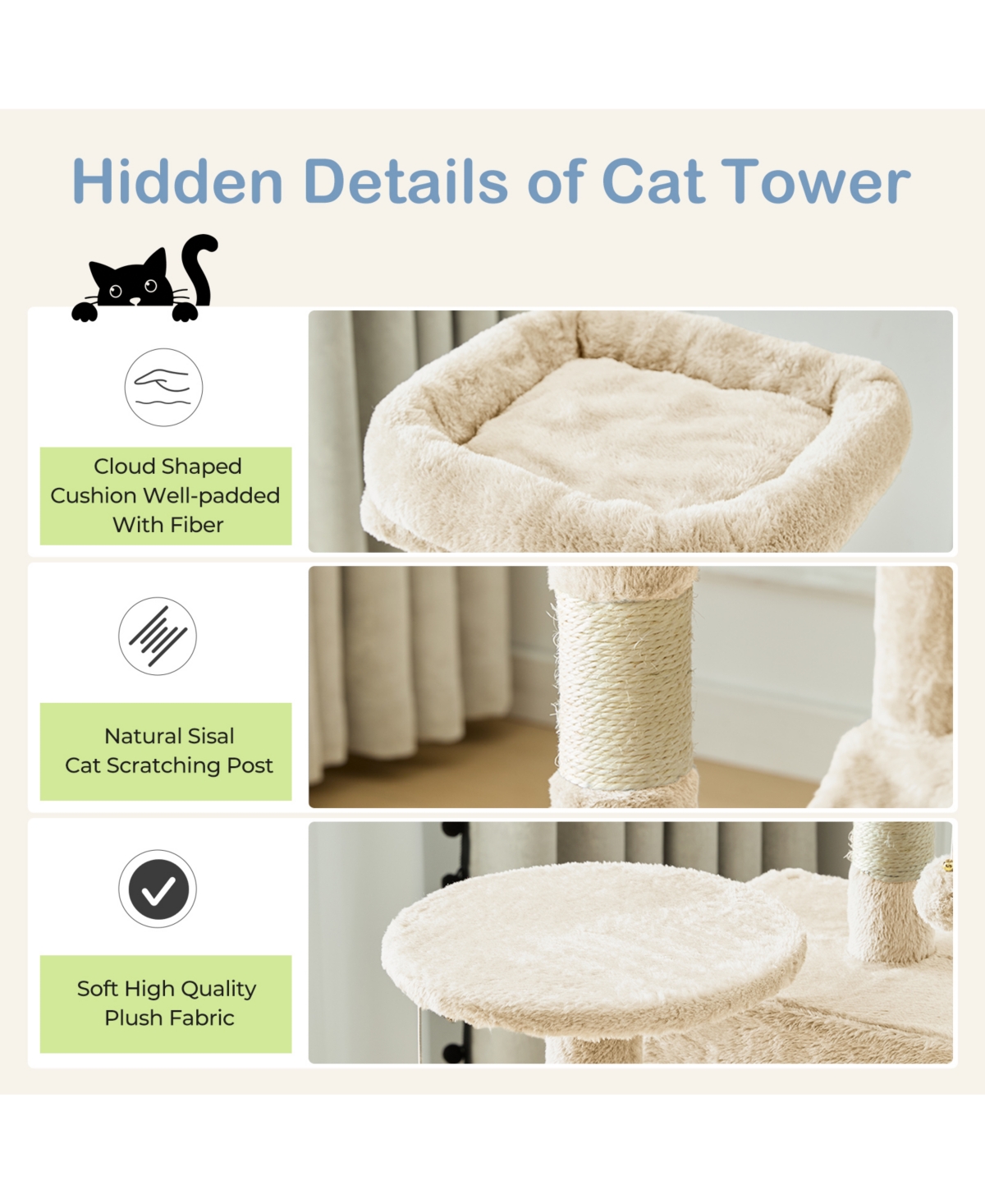Zeus & Ruta 44in Cat Tree Tower: Multi-Cat Climbing, Sisal Posts, Extended Platform, Hammock