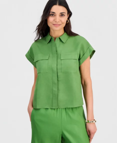 Petite Linen-Blend Short-Sleeve Button-Front Shirt - Fresh Basil