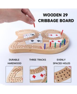 Wooden 3-Track 29 Cribbage Board Game with Plastic Pegs, Classic Three-Person Cribbage Board