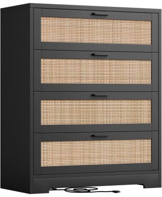 4 Drawer Dresser for Bedroom, Rattan Chest of Dressers, Modern Wood Tall Dresser with Power Outlets, Drawer Organizer Unit