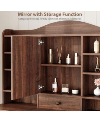 47 Inch Wide 8 Shelves Makeup Vanity Desk and Chair comes Mirror and Lights for Bedrooms, Apartments, Easy to Assemble