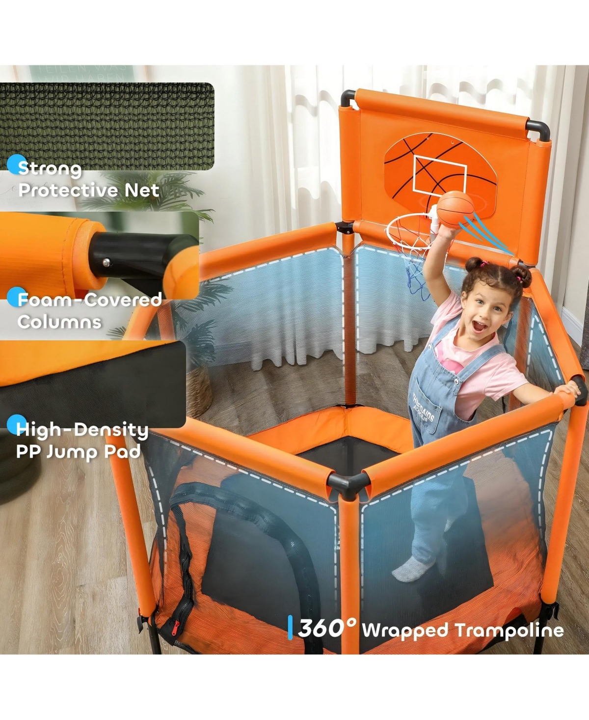 Hongge Kids Indoor Trampoline with Enclosure and Basketball Hoop for Ages Three to Six