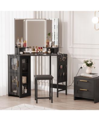 Corner Vanity Desk LED Lighted Mirror Charging Station and Storage Cabinet for Bedrooms, Apartments, Easy to Assemble