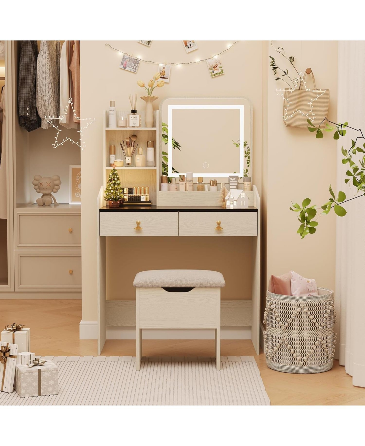 Gaomon Vanity Desk Mirror Lights and Charging Station Modern Vanity Set for Bedrooms, Apartments, Easy to Assemble