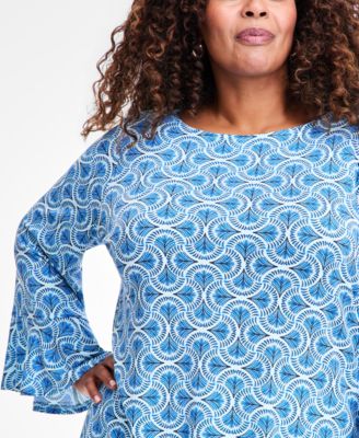 Plus Size Winding Leaves Flare Sleeve Boat Neck Top