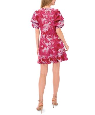 Women's V-Neck Short Bubble Sleeve Mini Dress