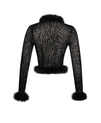 Women's Hali Black Animal Print Burnout Velvet Fur Trim Top