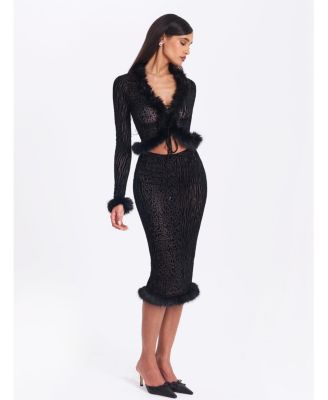 Women's Halia Black Animal Print Burnout Velvet Fur Trim Skirt