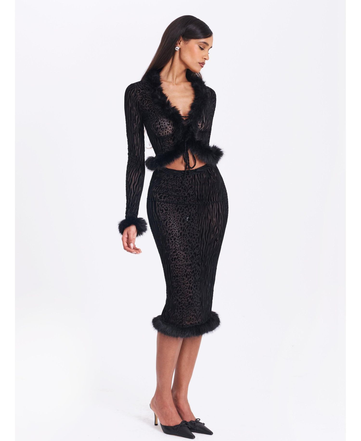 Women's Halia Black Animal Print Burnout Velvet Faux Fur Trim Skirt