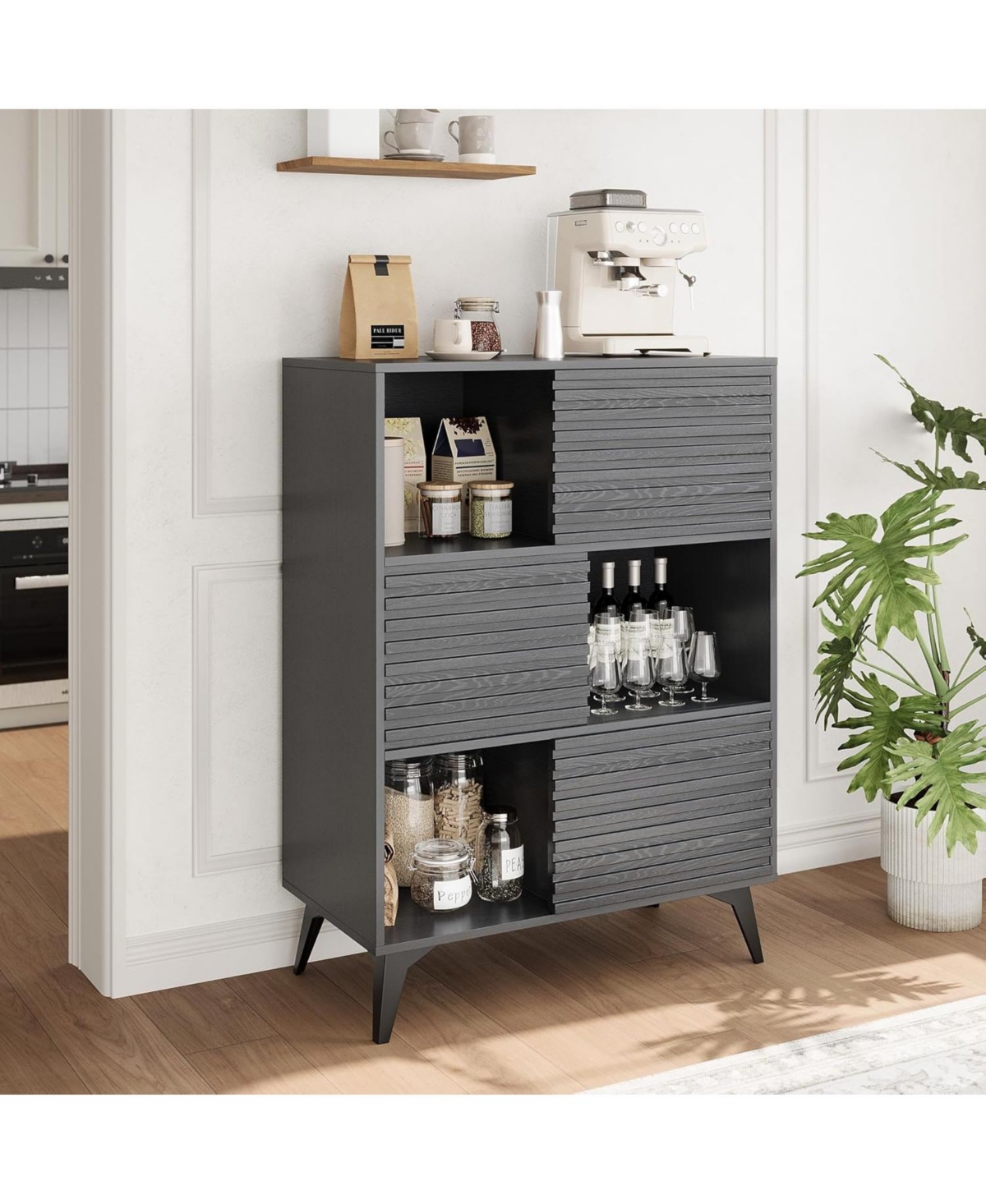 gaomon Modern Accent Cabinet with Doors and 3-Tier Storage Cabinet, Wooden Buffet Display Stand with Strong Legs for Living Room, Dining Room - Black